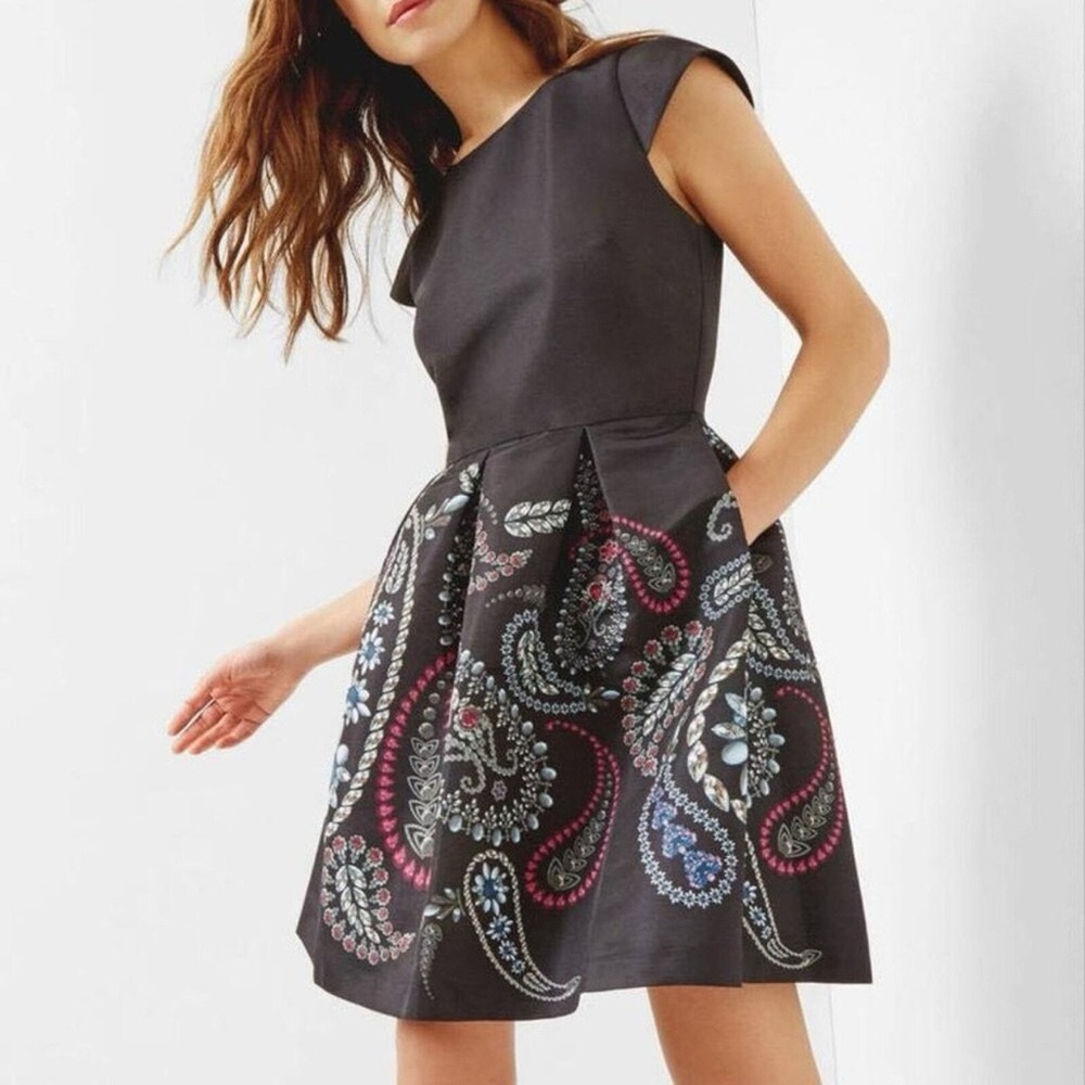 Ted Baker Harna Treasured Trinket Black Pink Paisley Pleat Skirt Dress Size 0